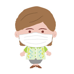 沖縄のかりゆしウェアを着た中年女性がマスクをつける