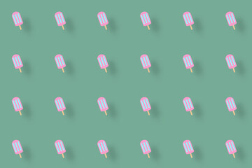 Colorful pattern of popsicles on green background with shadows. Seamless pattern with ice cream. Top view