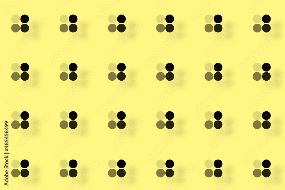 Poster pattern of black geometric shapes in retro, memphis 80s 90s style. point groups on yellow background