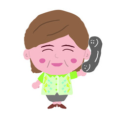 沖縄のかりゆしウェアを着た中年女性が受話器を持っている