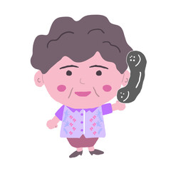 沖縄のかりゆしウェアを着た中年女性が受話器を持っている