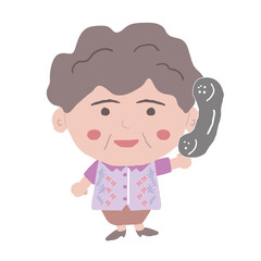 沖縄のかりゆしウェアを着た中年女性が受話器を持っている