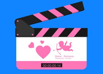 Fototapeta premium Video Clapper for Story Romance. Film clapper-slate 3D - Digital sign. film slate valentine's day Background.