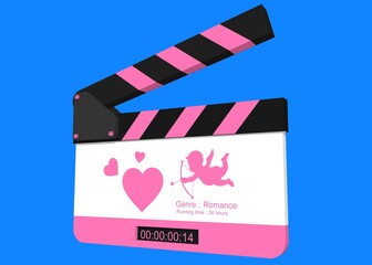 Fototapeta premium Video Clapper for Story Romance. Film clapper-slate 3D - Digital sign. film slate valentine's day Background.