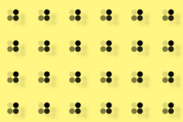 Pattern of black geometric shapes in retro, memphis 80s 90s style. Point groups on yellow background. Vintage abstract background