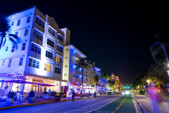 Miami Beach, FL, USA - February 2, 2022: Night photo of Miami Beach reopening Ocean Drive to motor vehicles and new green two way bike lanes
