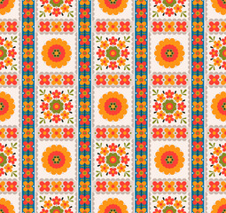Japanese Colorful Sunflower Mosaic Vector Seamless Pattern