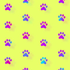 Cat paws pattern in vibrant gradient holographic neon colors. Concept art. Minimal surrealism background. Seamless pattern with cat paw. Dog, cat footprint background