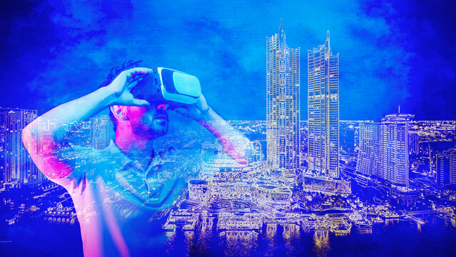 metaverse concept of man with VR headset in virtual city from AR and VR technology