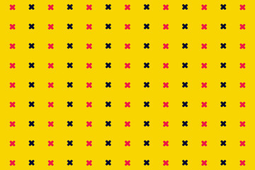 Pattern of black and pink geometric shapes in retro, memphis 80s 90s style. Crosses shapes on yellow background. Vintage abstract background