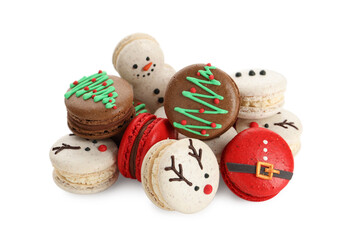 Beautifully decorated Christmas macarons on white background