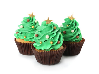 Tasty Christmas tree cupcakes on white background - Powered by Adobe