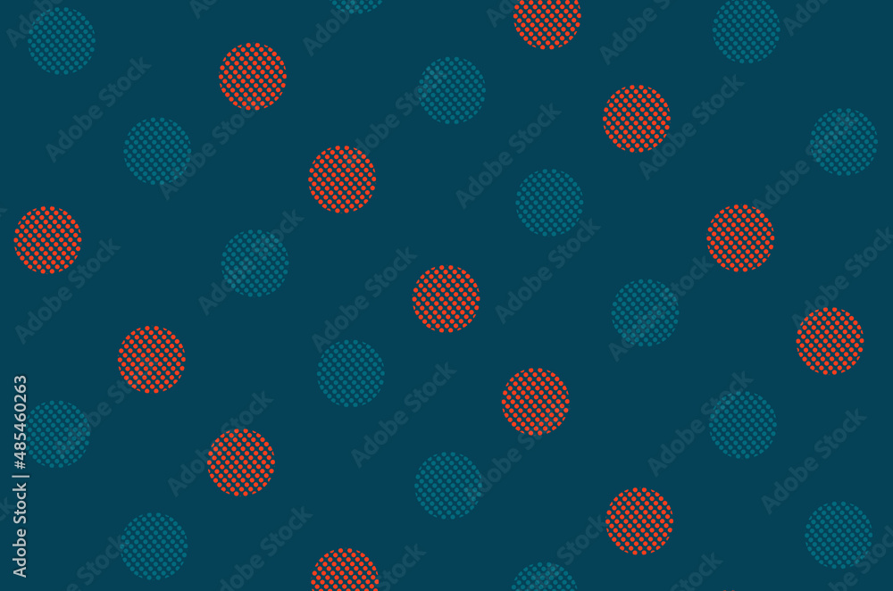 Poster pattern of orange and blue geometric shapes in retro, memphis 80s 90s style. circles shapes of point