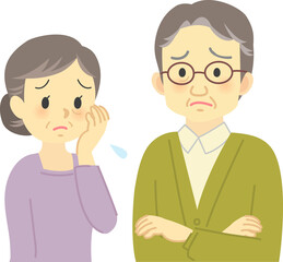 イラスト素材:老夫婦が向かい合って困った表情で思い悩む場面　 腕組みしてカーデガンを着たおじいさん
