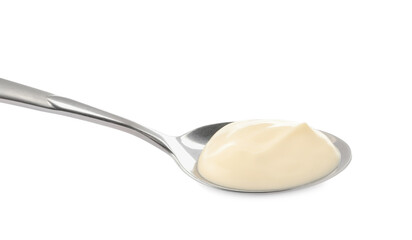 Metal spoon with mayonnaise isolated on white