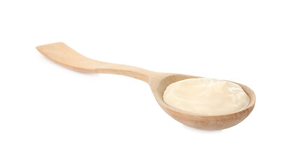 Wooden spoon with mayonnaise isolated on white