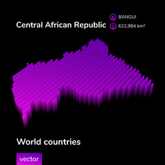 Stylized striped vector 3D map of Central African Republic in violet colors on black background