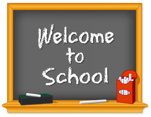 Blackboard, wood frame with shelf, box of white chalk, eraser, Welcome to School text for preschool, nursery, daycare, kindergarten, elementary, middle school and junior high.  Isolated on white.