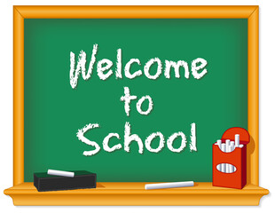 Chalkboard, green, wood frame with shelf, box of white chalk, eraser, Welcome to School text for preschool, nursery, daycare, kindergarten, elementary, middle school, junior high.  Isolated on white