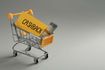Card with word Cashback and rolled dollar banknotes in shopping cart on light grey background....