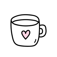 Cute cup with a heart isolated on white background. Vector hand-drawn illustration in doodle style. Perfect for Valentine's Day designs, cards, invitations, decorations.