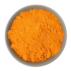 Aromatic saffron powder in bowl on white background, top view