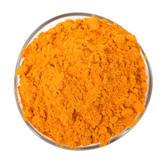 Aromatic saffron powder in bowl on white background, top view