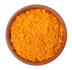 Aromatic saffron powder in bowl on white background, top view