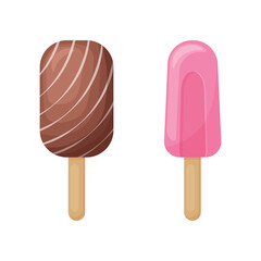 Ice cream, popsicle on a stick. Chocolate and popsicle ice cream. Sweet dessert on a stick. Vector illustration isolated on a white background