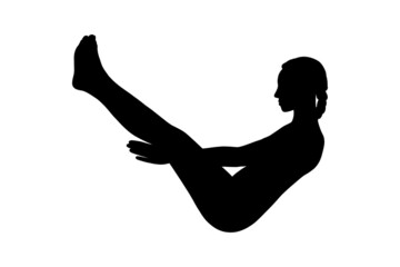 Yoga for abs and balance. Woman silhouette practicing Navasana for strong abs. Vector illustration isolated in white background