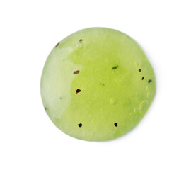 Sample of yellow shower gel on white background, top view