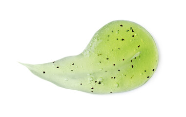 Sample of yellow shower gel on white background, top view