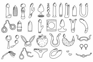  Vector set of sex toys.Doodle style. Toys and accessories for adults.
