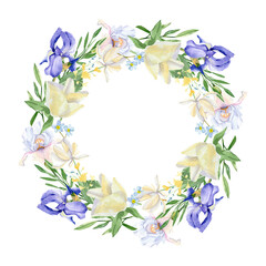 Watercolor floral round wreath with pink purple violet  flowers, wildflower, leaves, iris, rose, peony, aster for wedding card. Hand drawn botanical banner for greeting card, baby shower, party card