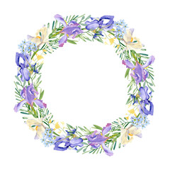 Watercolor floral round wreath with pink purple violet  flowers, wildflower, leaves, iris, rose, peony, aster for wedding card. Hand drawn botanical banner for greeting card, baby shower, party card