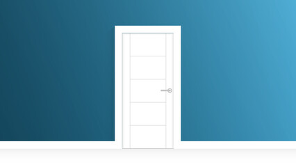 White wooden door with cornice frame and blue wall color. Minimal interior empty room illustration.