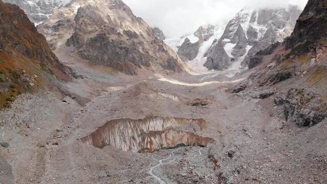 Aerial drone view of the Chalaadi Glacier landscape in Georgia