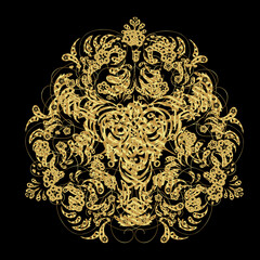 golden doodles on dark black background on snowflakes style
