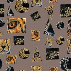 watercolor pattern, wild orange eye of a cheetah and his body in geometric shapes, square, circle and triangle on a light brown background for your design and interior
