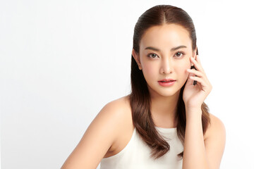 Fototapeta premium Beautiful young asian woman with clean fresh skin on white background, Face care, Facial treatment, Cosmetology, beauty and spa, Asian women portrait.