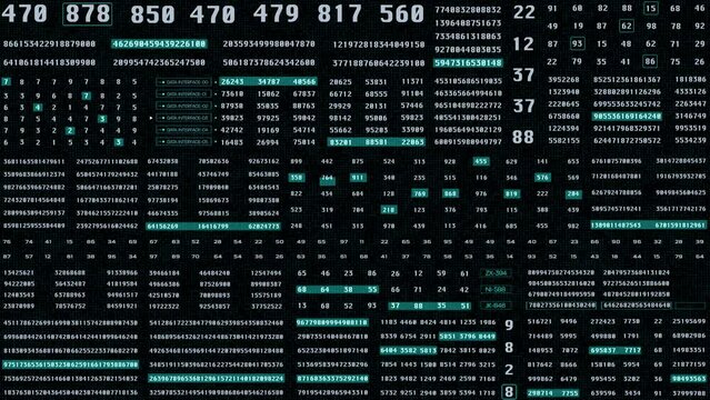 Digital Futuristic Data Sampling Running Statistic Code Counting Algorithm System. UI Virtual Monitoring Screen Technology 4K Motion Graphic Background.