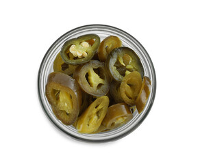 Slices of pickled green jalapenos in jar isolated on white, top view