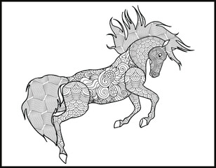 A coloring page of mustang horse.  stylized hand-drawn Head horse coloring page for adults vector illustration