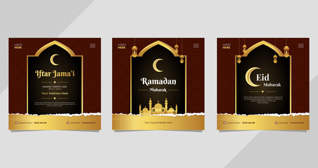 Set of Ramadan social media template with islamic brown pattern background