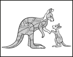 zentangle kangaroo for coloring page, Vector kangaroo illustration. Adult coloring page.