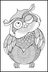 Decorative owl vector graphic, adult coloring page mandala, a tattoo with doodle, zentangle, floral design elements.