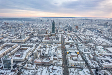 Yekaterinburg aerial panoramic view at Winter in cloudy day. Karl Liebknecht Street and Lenin...