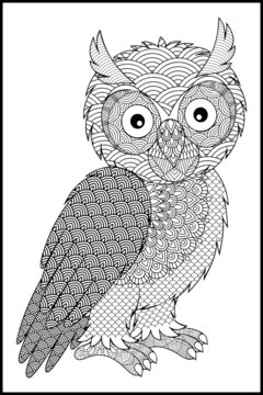 Decorative owl vector graphic, adult coloring page mandala, a tattoo with doodle, zentangle, floral design elements.