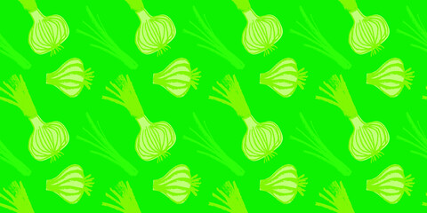 Vector onion pattern seamless. Green shallot illustration. Vegan restaurant ornament, vegetarian backdrop. Homemade cooking background. Vegetable wallpaper of food label or banner. Bulb onion drawings