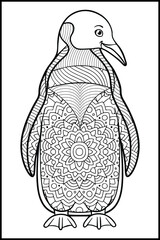 penguin coloring book for adults vector illustration. Anti-stress coloring for adults. Zentangle style.